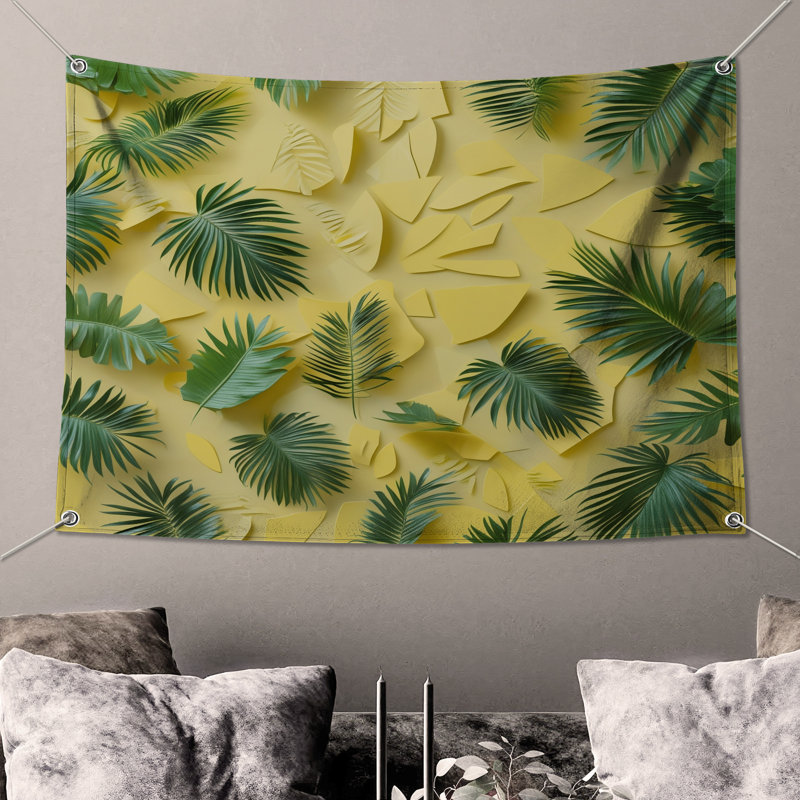 Tapisserie murale feuilles de palmier tropicales - décoration murale feuillage, H 68 po x l 80 po avec 4 œillets