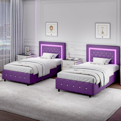 Upholstered Platform Bed Frame with LED Lights & 4 Storage Drawers - Diamond Tufted Headboard & Footboard, Modern Bedroom Furniture