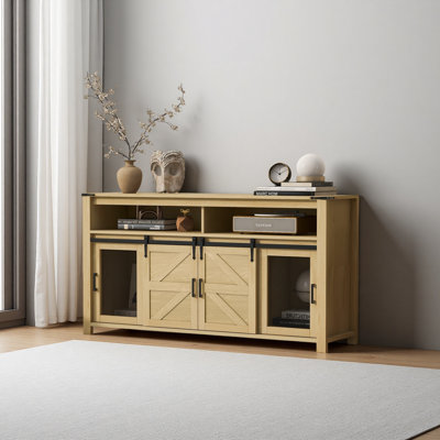 59.3''Sideboard With Sliding Barn Door And Mesh Panels,Farmhouse Buffet With Open Storage,Suitable For Living Room, Hallway, Balcony,Kitchen, Office