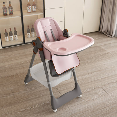 Pink Portable Feeding Seat For 0 - 6 Years, Equipped With Adjustable Five Point Belt, Silent Lockable Wheels, Tray, And One Second Folding Living Room Bedroom Travel Home
