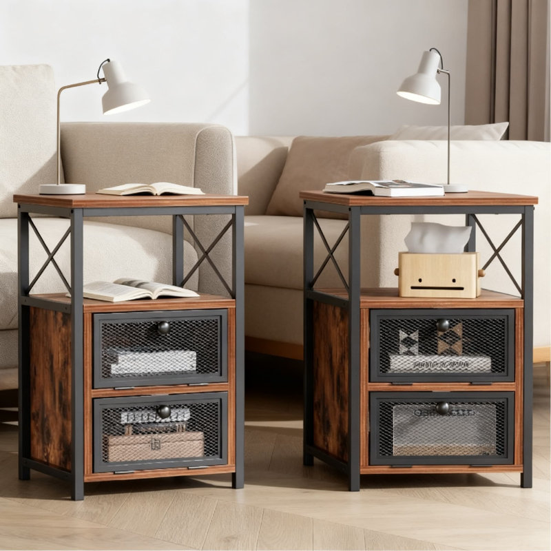 Ensemble de 2 tables de chevet modernes avec tiroirs rabattables et tablettes ouvertes, table de bout robuste en X pour la chambre à coucher, le salon et le bureau, assemblage facile inclus