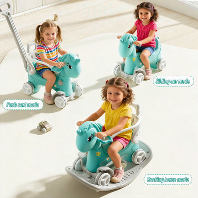 Versatile Rocking Horse for Toddlers with Push Handle, Backrest, and Balance Board, Ideal for Indoor and Outdoor Play, Unicorn Design in Blue