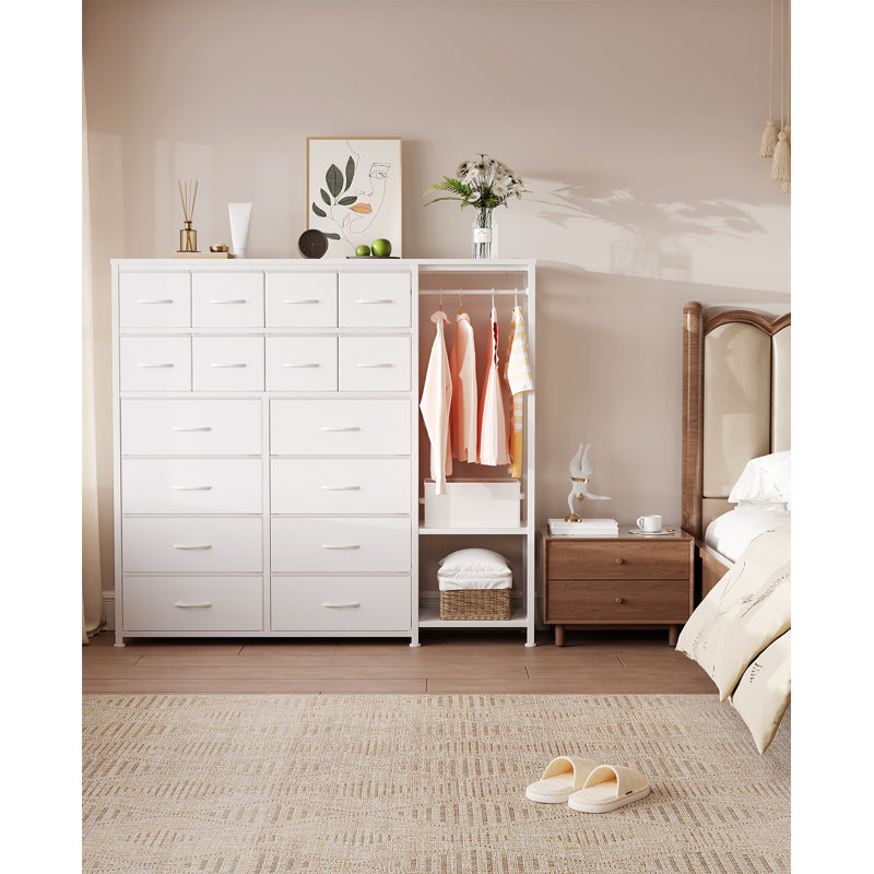 Commode 16 tiroirs avec portemanteau, unité de rangement en tissu, Blanc / blanc