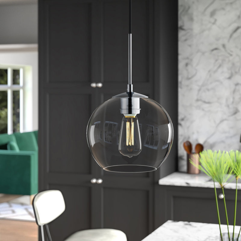 Luminaire suspendu sphérique simple à 1 lumière Snead, Chrome, Transparent, H 68 po x l 7,9 po x P 7,9 po