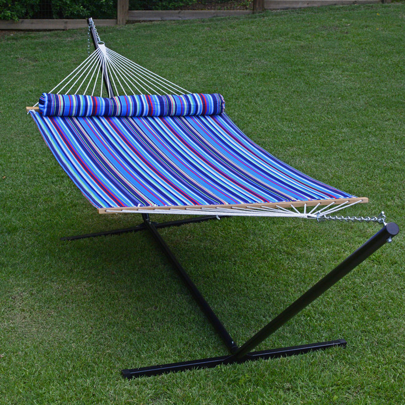 13' Blue and Green Striped Quilted Hammock with Pillow
