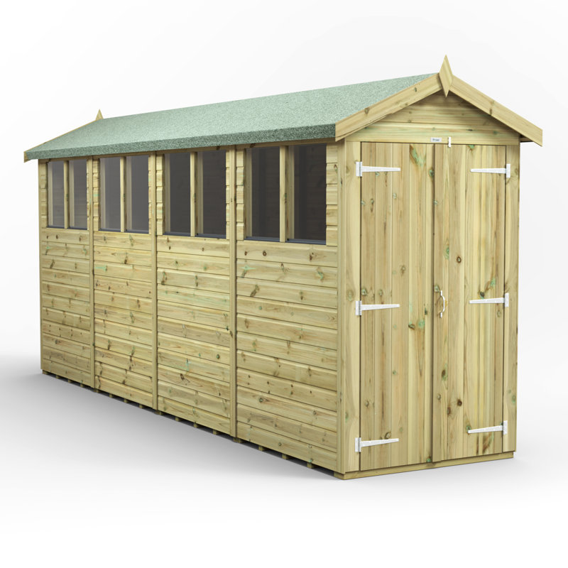 Powersheds 16 x 4ft Premium Pressure Treated Timber Apex Garden Shed, Double Doors