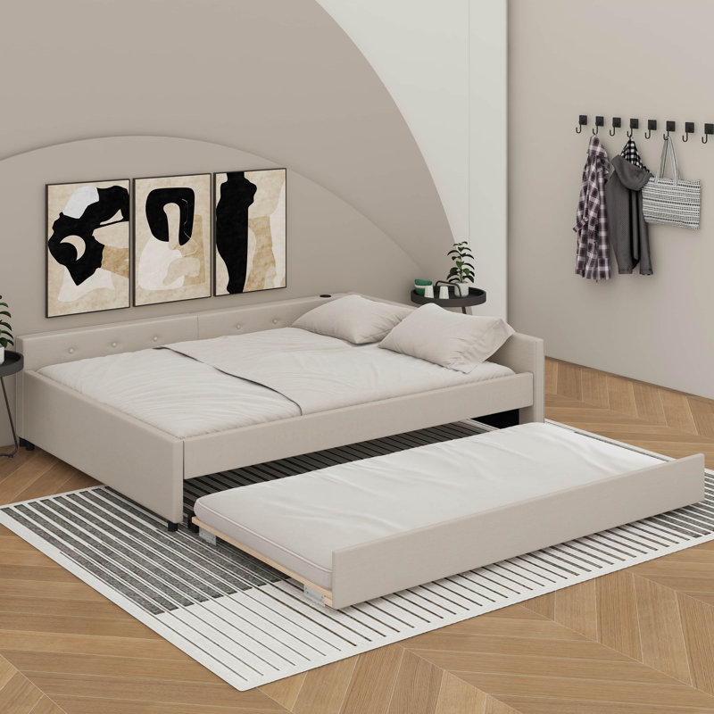 Upholstered Platform Bed With USB And Trundle, Queen