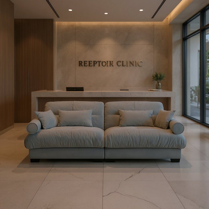 Canapé de réception 2 places en velours gris moderne avec accoudoirs renforcés, coussins de taille et coussins décoratifs