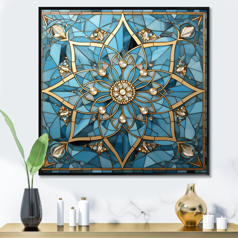 Art mural bleu et or mandala I, Cadre flottant noir, H 36 po x l 36 po x P 1,5 po