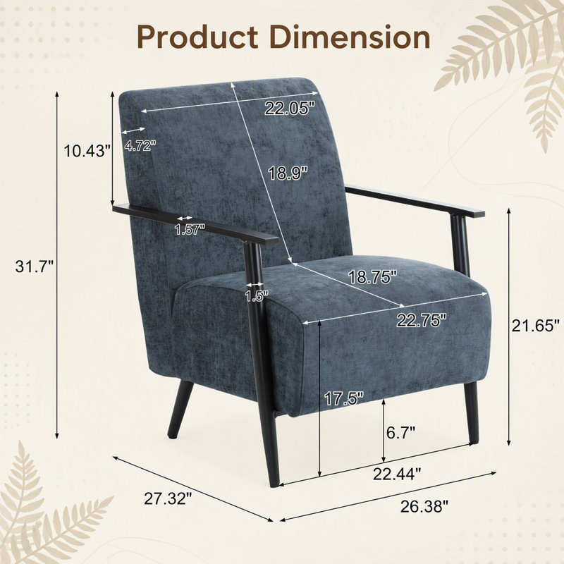 Méridienne moderne de 26,38 po gris-bleu avec revêtement en polyester et structure en métal robuste, idéale pour le salon, la chambre à coucher ou le bureau