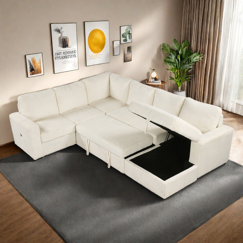 Canapé modulaire en U avec espace de rangement, Velours côtelé beige