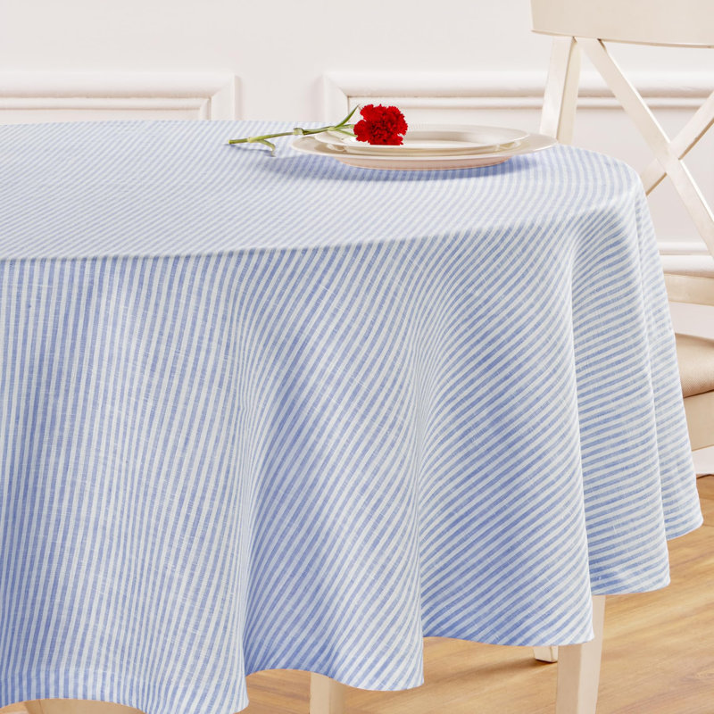 Narrow Stripe - 100% Pure Linen Tablecloth, 60" Round, Cornflower Blue/White