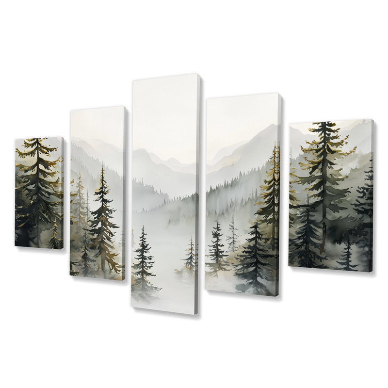 «Green Pine Trees Mist Morning III», ensemble d'art mural sur toile de pin