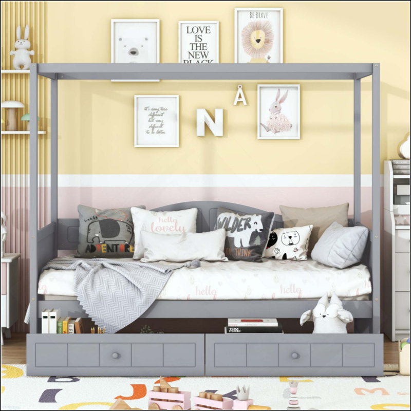 Canopy Day Bed With 2 Drawers, Gray