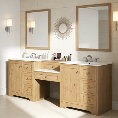 Meuble-lavabo double 84 po, 2 lavabos en céramique et comptoir en pierre reconstituée, grand meuble-lavabo avec rangement en métal argenté et 6 tiroirs, conception à fermeture douce, 84 po