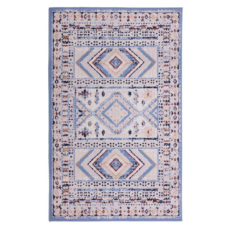 Tapis bleu clair Southwestern, Rectangle 3 pi 6 po x 5 pi 6 po