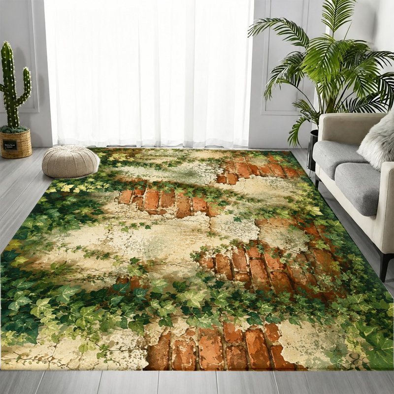 Tapis botanique rétro Vintage Green Ivy Climbing Bricking, Rectangle 6 pi 7 po x 4 pi 7 po (200 x 140 cm)