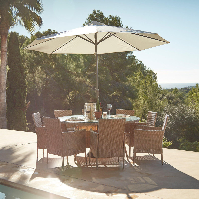 Dubose 8 Seater Rattan Round Garden Dining Set with Parasol, Brown