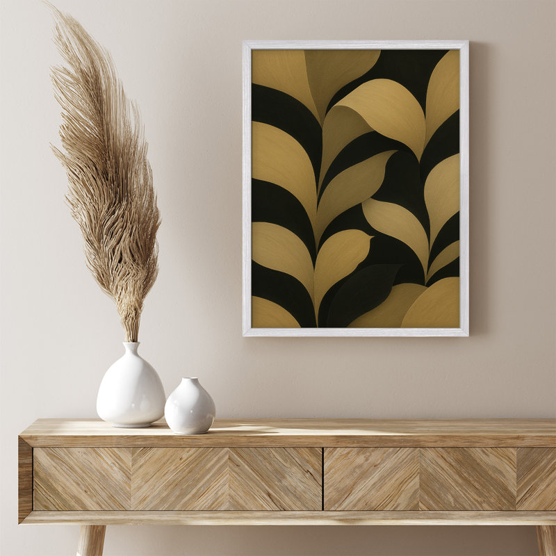 Reproduction d'art encadrée de feuilles abstraites dorées et noires, conception moderne inspirée de la nature pour une décoration intérieure contemporaine