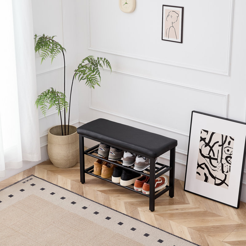Petit banc à chaussures avec coussin de siège en polyuréthane et tablettes en filet