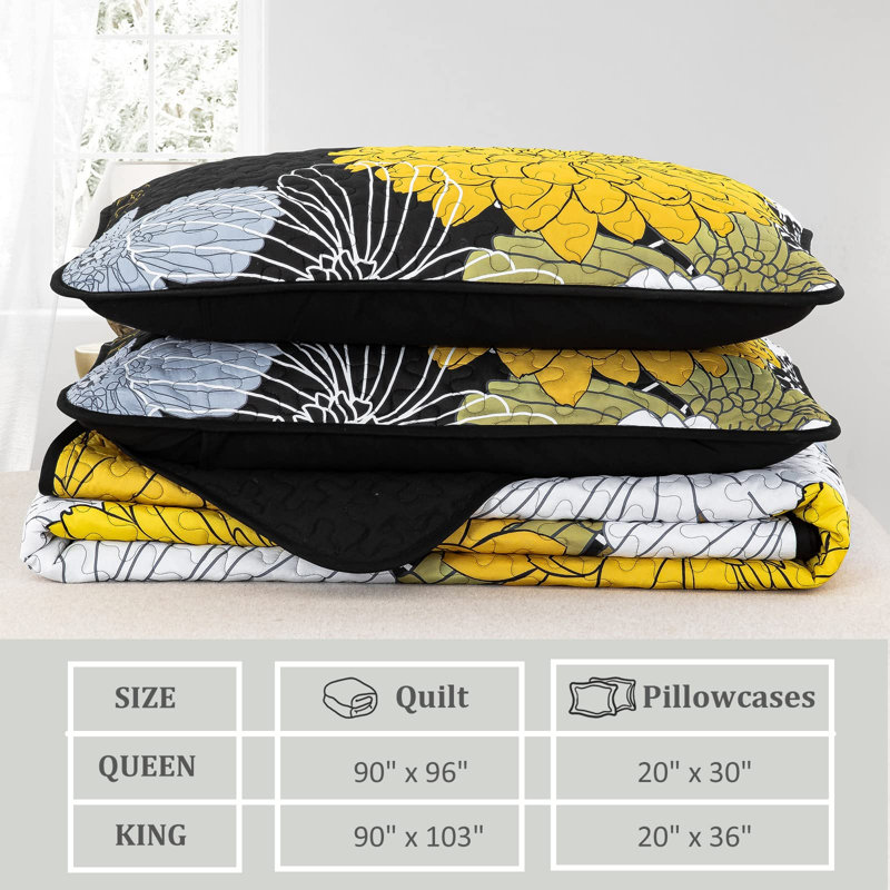 Ensemble de courtepointe 3 pièces avec imprimé floral, Courtepointe pour lit grand + deux taies décorati, Jaune / Noir