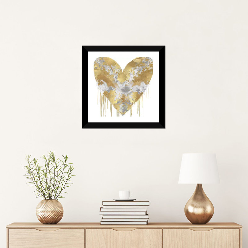 «Big Hearted Silver and Gold» par Lindsay Rodgers - impression d'art graphique, H 16 po x l 16 po x p 1 po, Papier noir