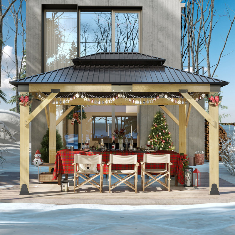 11 ft x 13 ft Solid Wood Gazebo, Outdoor Wooden Gazebo with Aluminum Double Roof for Garden, Patio, Deck, Backyard