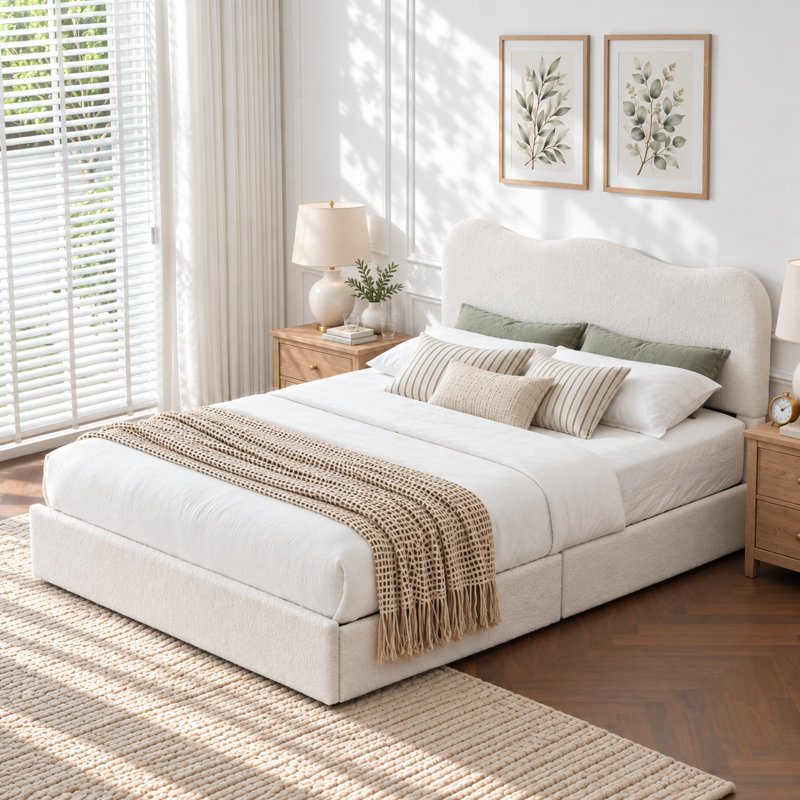 Lit plateforme avec rangement à 4 tiroirs Arusha Boucle, Grand, Blanc