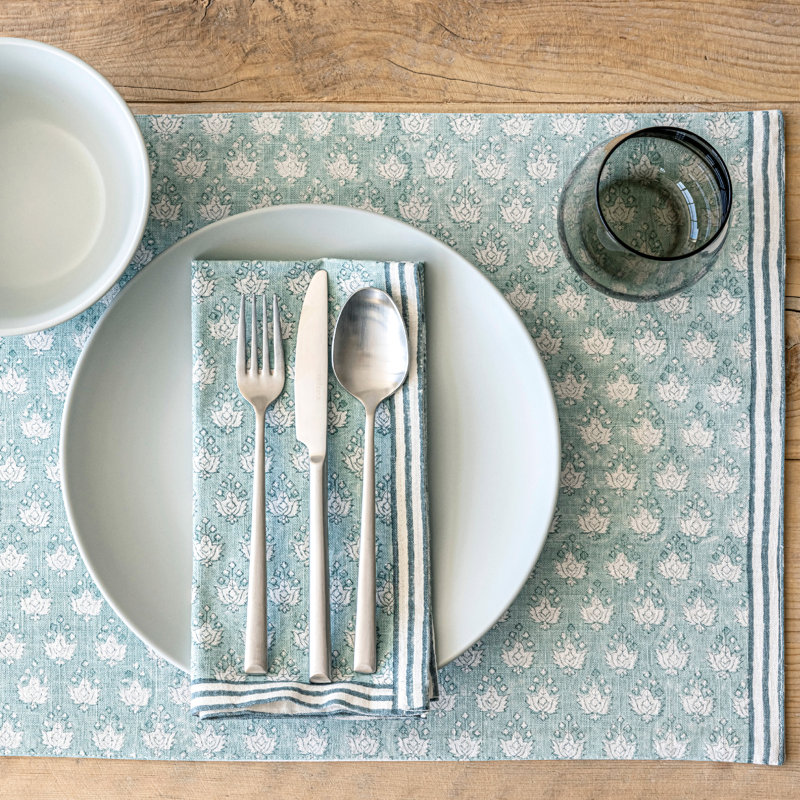 over&back Hand-Blocked Napkins, Set of 4, Blue Leaf