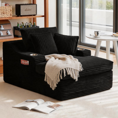  Oversized Chaise Lounge Chair Indoor, 67" Upholstered Sleeper Sofa Bed with Cup Holders & 3 Pillows, Deep Seat Corduroy Boneless Cloud Sofa Couch for Living Room, No Assembly Reading Chair, Black