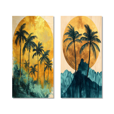 Palmiers émeraude sur le lever du soleil tropical doré I - décorations murales en métal 2 pièces bord de mer