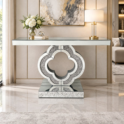 Console à miroir avec plateau en verre trempé et piédestal en trèfle