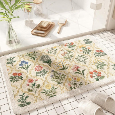 Bathroom Rug - Yellow, Wild Flowers, Boho Floral, Rectangular Bath Mat