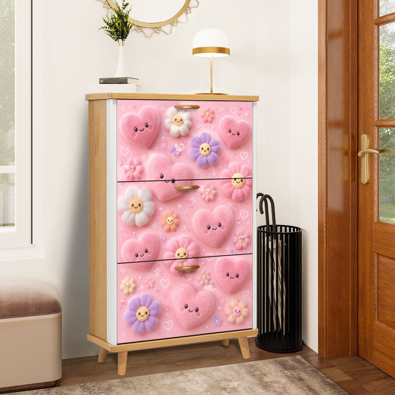 Armoire de rangement pour chaussures avec 3 tiroirs rabattables pour un joli cœurs en peluche roses fleurs souriantes rose pastel