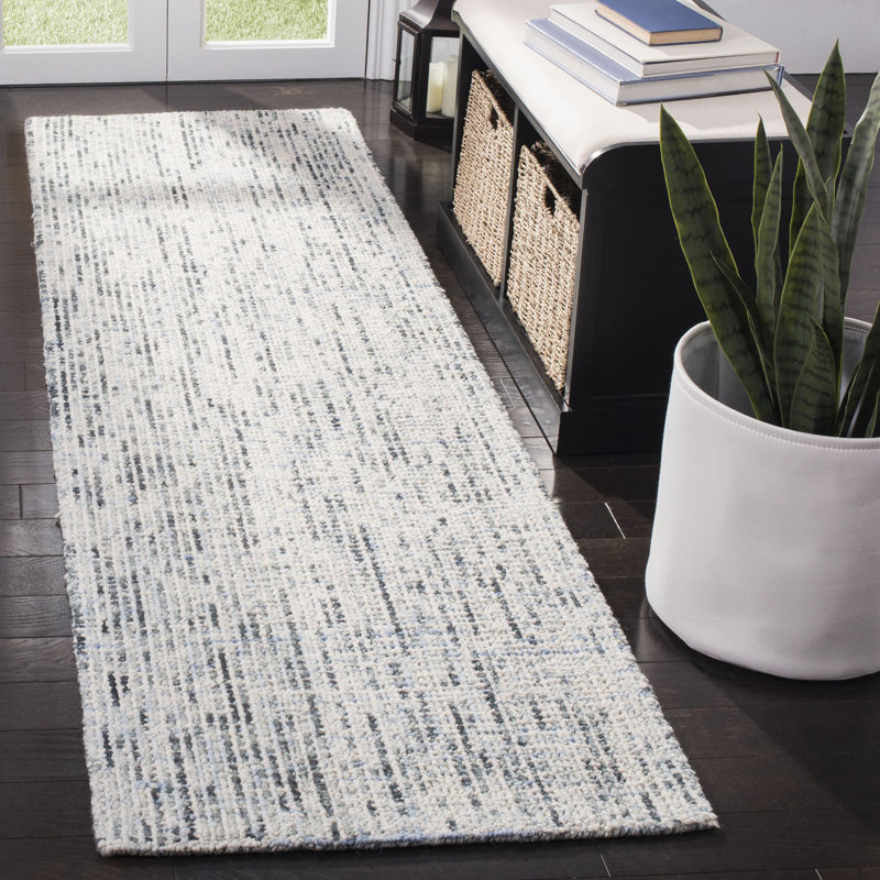 Tapis bleu / gris anthracite en laine touffeté à la main, Tapis de couloir 2 pi 3 po x 12 pi