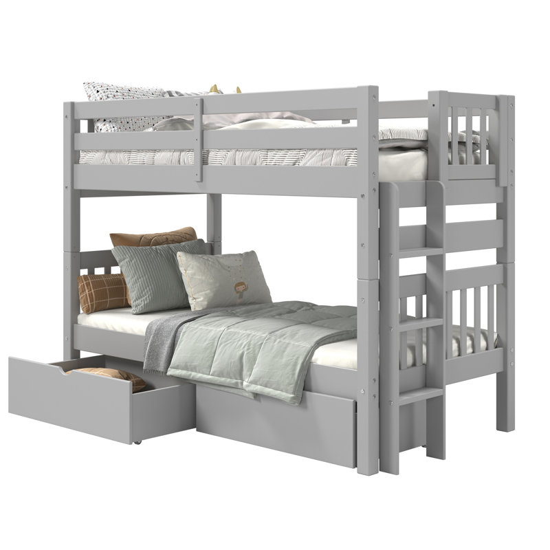 Treva Solid Wood Standard Twin over Twin Bunk Beds, 3 Step Ladder, 2 Under Bed Drawers, Gray, Gray