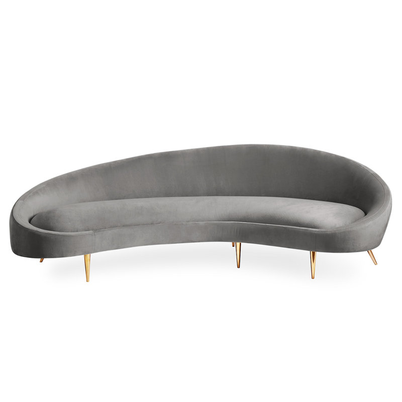 Bergamo Azure Velvet Ether Curved Sofa with Polished Brass Legs