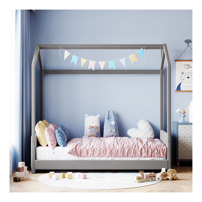 Lit simple en bois et velours, gris, Lit simple