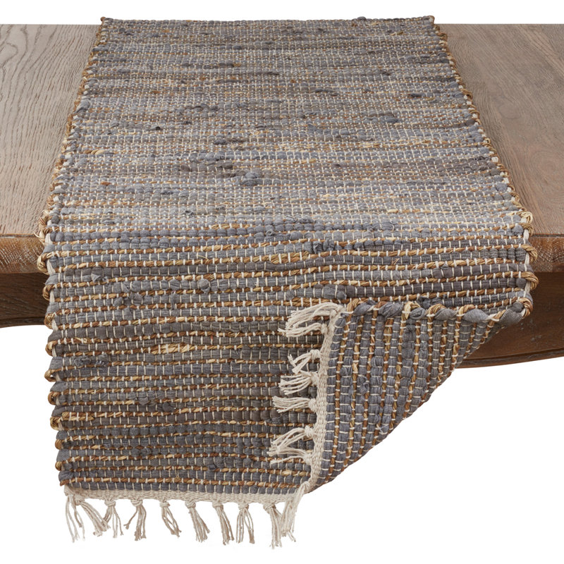 Chemin de table en jute de coton bleu-gris avec franges 16 x 72 pouces Chindi