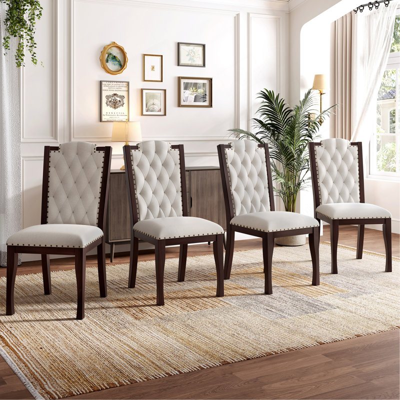 Upholstered Dining Chairs Set Of 4, High Back Diamond Button Tufted Kitchen Chairs With Solid Wood Legs And Nailhead Trims For Dining Room, Living Room, Restaurant, Biege & Espresso