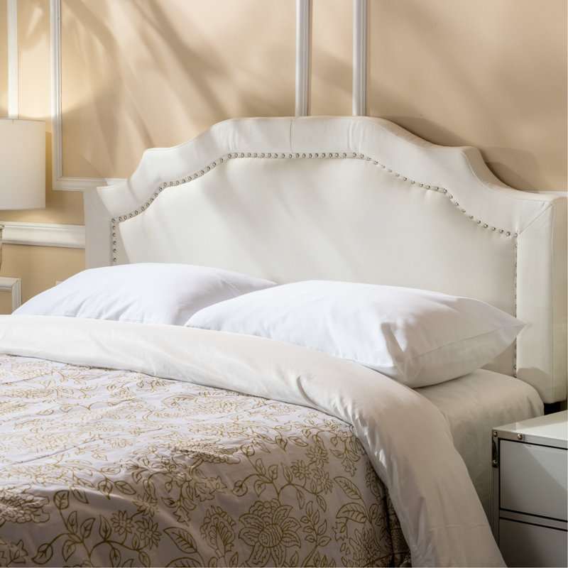 Tête de lit tapissier pour lit double et grand lit, avec accents à boutons et base en fer noir