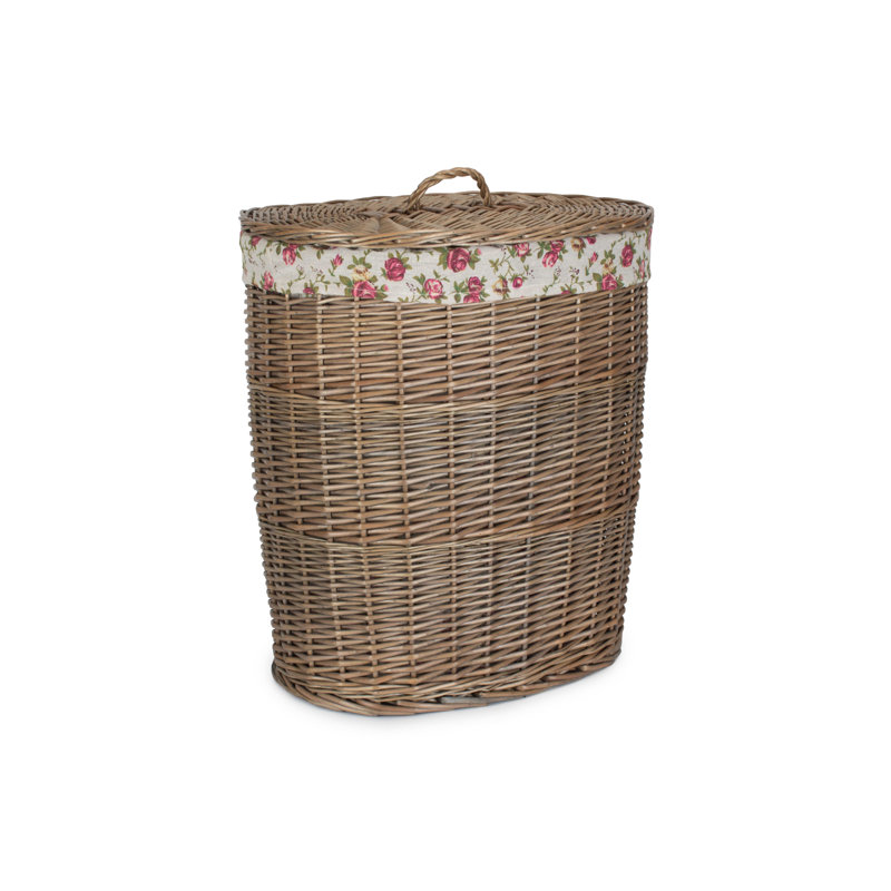 Wicker Laundry Basket, 57cm H x 56cm W x 37cm D, Antique Wash/Garden Rose Lining