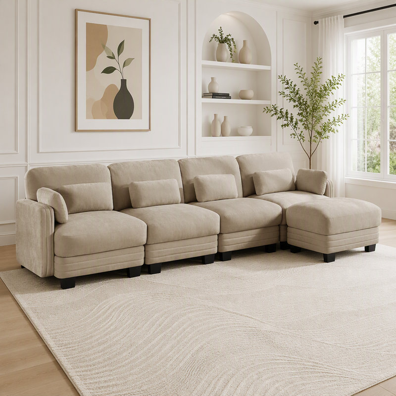 Canapé modulaire modulaire avec capitonnage à canaux et repose-pieds mobile, 3 places et 2 repose-pieds, Chenille brun