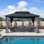 Pavillon de jardin d'extérieur en aluminium pourpre 10 pi x 14 pi avec double toit en acier galvanisé robuste pour terrasse de patio, filet et rideaux inclus, gris