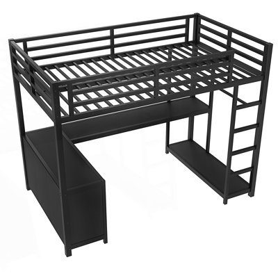 Lit mezzanine en métal avec garde-robe et bureau en forme de L, lit mezzanine simple de taille XL avec cubes de rangement et tablettes