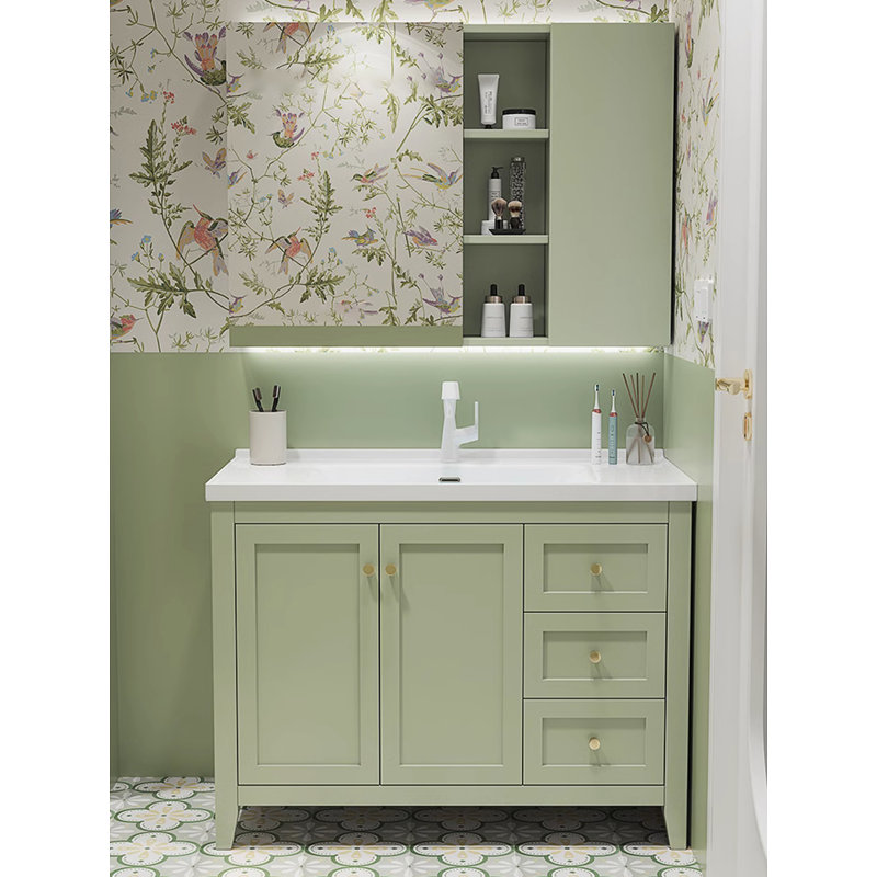 Meuble-lavabo en bois d'hévéa crème avec lavabo en céramique