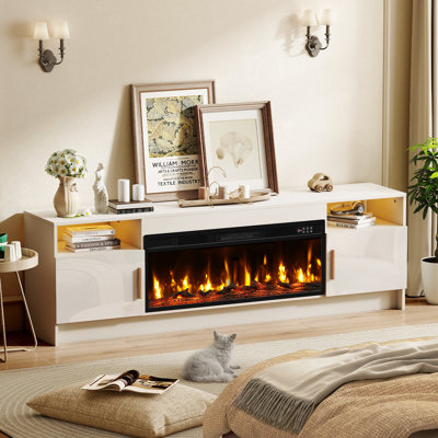 Meuble télé avec foyer électrique 70 po pour meuble télé 80 po avec foyer 36 po et table télé avec rangement, porte ultrabrillante, console télé moderne pour le salon