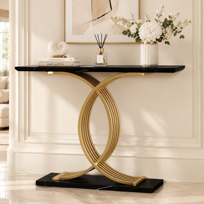 Minimalist Gold-X Console Table, Stone-Texture MDF Top, Space-Saving Modern Hallway Accent