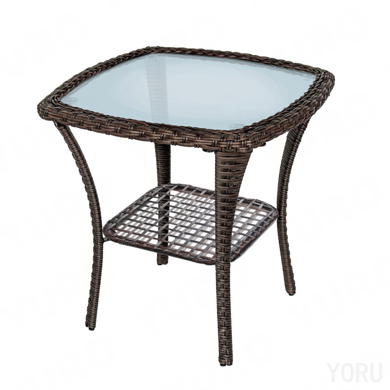 Table d'appoint d'extérieur, table de bistro en osier pour l'extérieur avec plateau en verre, table de bout carrée de rangement pour patio toutes saisons, structure en acier, 20 po x 20 po x 20 po