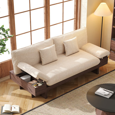 86.6'' Janpanese Style 3-Seater Beige Cotton Linen Upholstered Sofa Walnut Wood Frame,with Pillows,5-Gear Position Adjustable Storgae Armrest